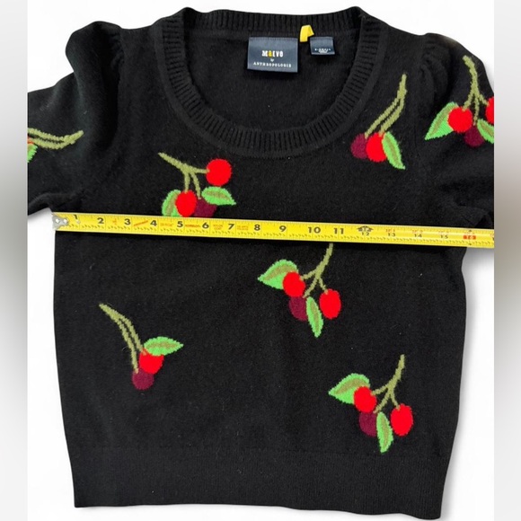 Anthropologie Maeve Puff-Sleeve Cashmere Jumper XS Black with Cherry Print - Picture 9 of 11